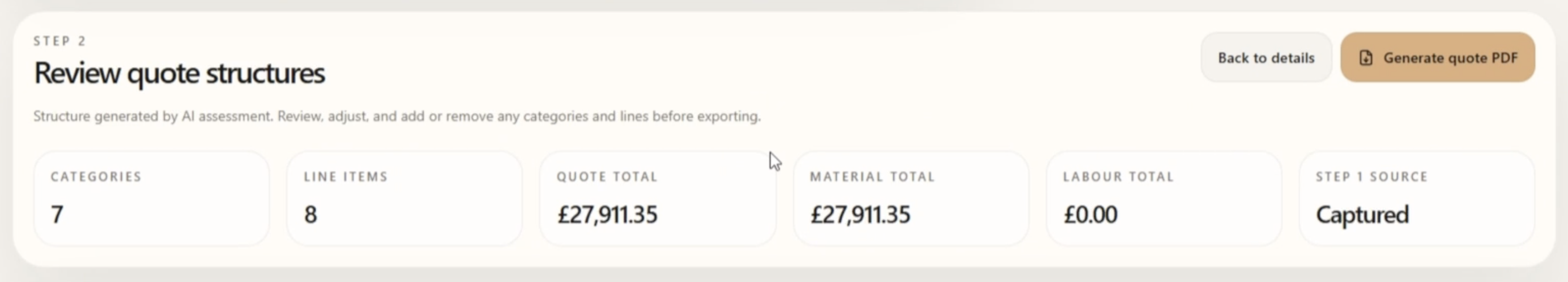 Quotify review quote structures screen showing categories, line items, quote total, material total, labour total, and source.